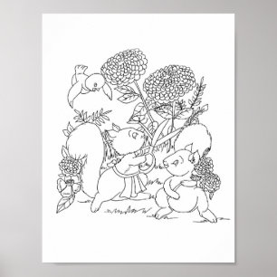 リスの花の森の動物の色のページ ポスター