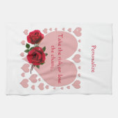 リスクを取る引用文ピンクハート赤いバラ キッチンタオル (横)