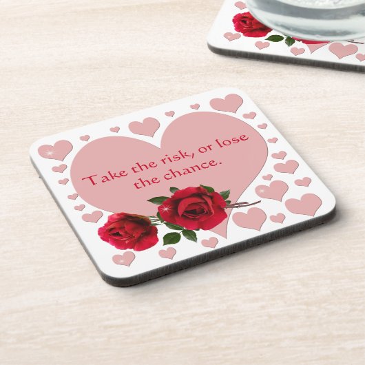 リスクを取る引用文ピンクハート赤いバラ コースター (左側)