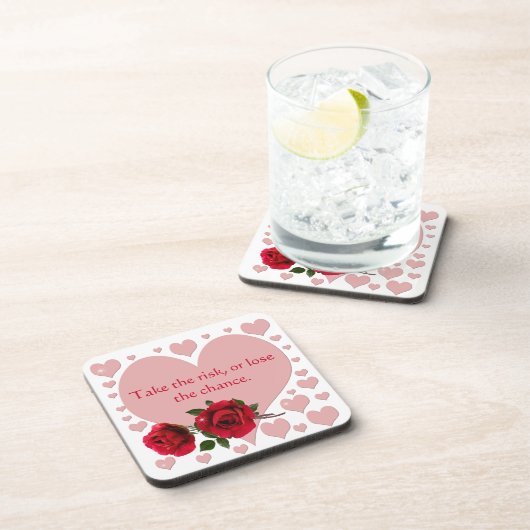 リスクを取る引用文ピンクハート赤いバラ コースター (右側)