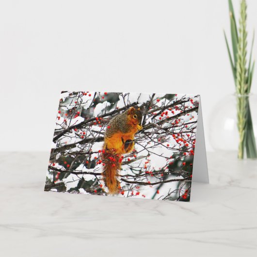 リススノーレッドベリーツリーフォト誕生日 カード (正面)