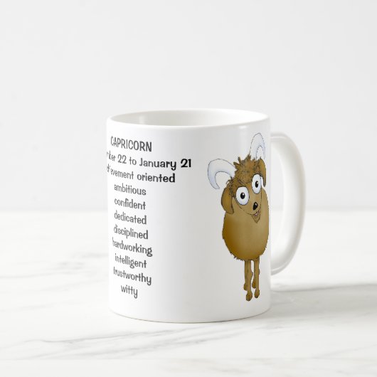リストされている特性の漫画の山羊座のヤギ コーヒーマグカップ (正面右)