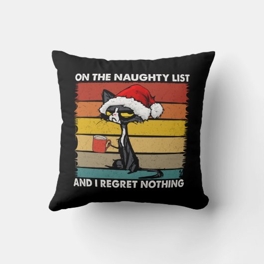 リストに載った不機嫌なクリスマスいけなネコ クッション (裏面)