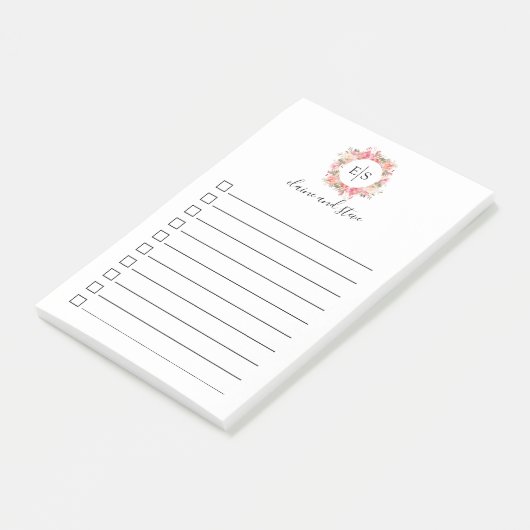 リストをするエレガントなピンクの花のモノグラム ポストイット (アングル)