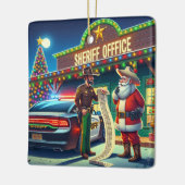 リストを見ているカウボーイサンタとシェリいけなフ セラミックオーナメント (左)