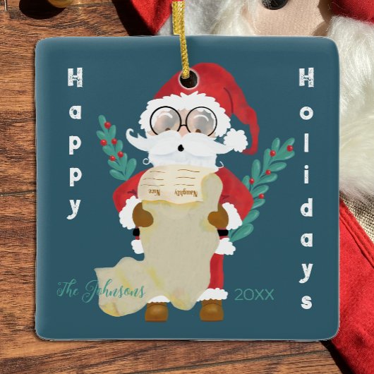 リスト付き可愛いサンタダークブルーのクリスマスオーナメント セラミックオーナメント