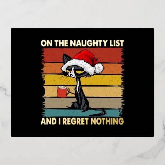 リスト金ゴールドの上の不機嫌いけななクリスマス猫 箔シーズンポストカード (正面)