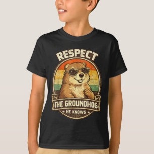 リスペクト・ザ・グラウンドホッグ・ヒー・ノウズ - 楽しいグラウンドホッグデザイン Tシャツ