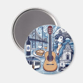 リスボンとポルトガル文化の青いタイル マグネット (正面/裏面)