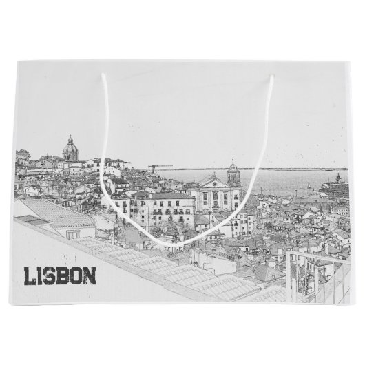 リスボンのアルファマ地区の鉛筆スケッチ ラージペーパーバッグ (正面)