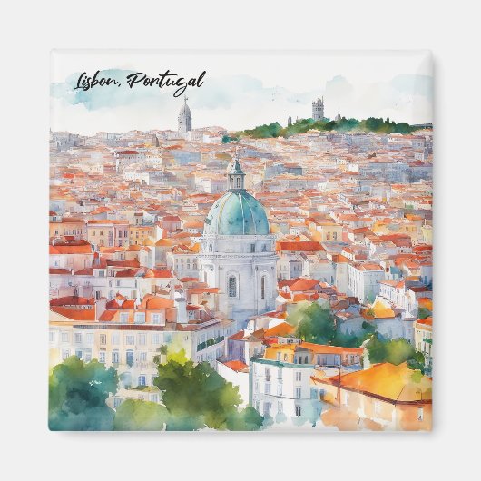 リスボンポルタルウォーターカラーパノラマビューシティ マグネット (正面)