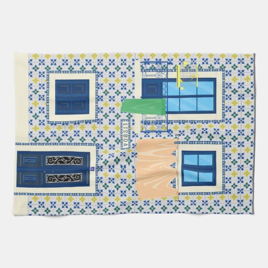 リスボンポルトガルのタイルと鳥の家 キッチンタオル (横)
