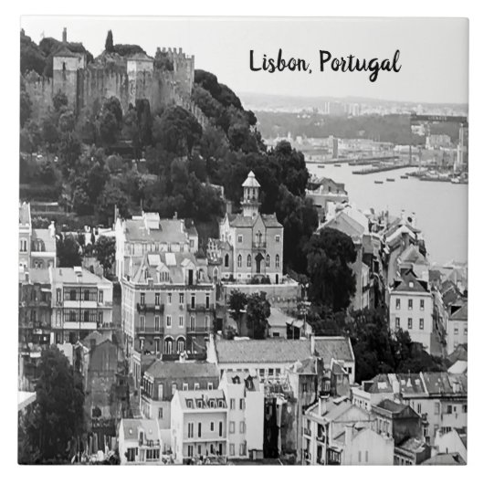 リスボンポルトガルの白黒のスカイライン タイル (正面)