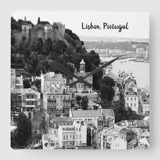 リスボンポルトガルの白黒スカイライン  スクエア壁時計 (正面)