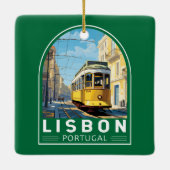 リスボンポルトガルイエロートラムトラベルアートヴィンテージ セラミックオーナメント (裏面)