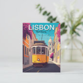 リスボンポルトガルイエロートラムロマンティックアニメスタイル ポストカード (スタンド正面)