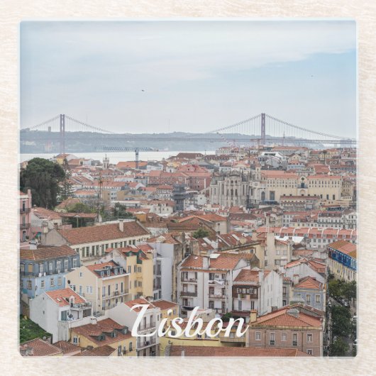 リスボン旧市街と4月25日の橋の景色 ガラスコースター (正面)