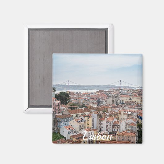 リスボン旧市街と4月25日の橋の景色 マグネット (正面/裏面)