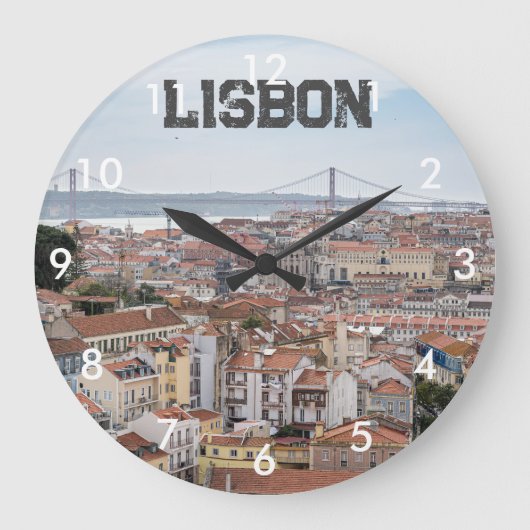 リスボン旧市街と4月25日の橋の景色 ラージ壁時計 (正面)