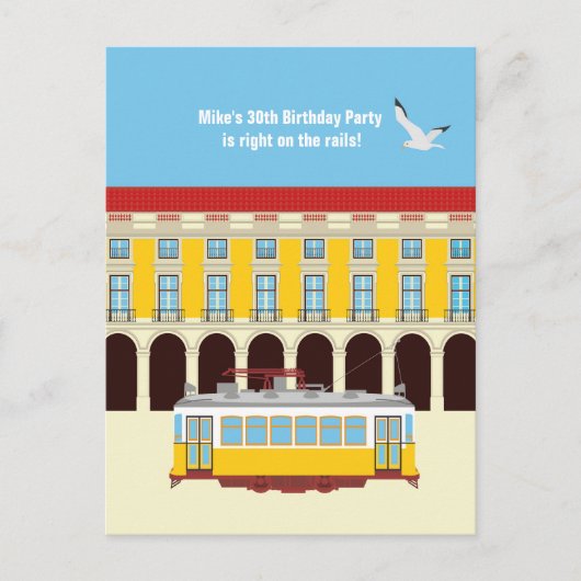 リスボン黄色のトラム ヴィンテージ バースデーパーティー インビテーションポストカード (正面)