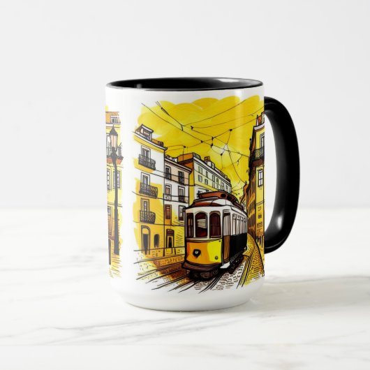 リスボン、ポルトガルイエロートロリーコーヒーマグ マグカップ (正面右)