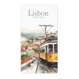 リスボン ポルトガル スカイライン - ヴィンテージ トラム トラベル アート ラベル
