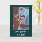 リス付き木材小妖精や小人 カード (黄色い花)