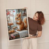 リス好きな人へのギフトにもぴったりな、リスが紅茶を楽しむカフェのキャンバスアート