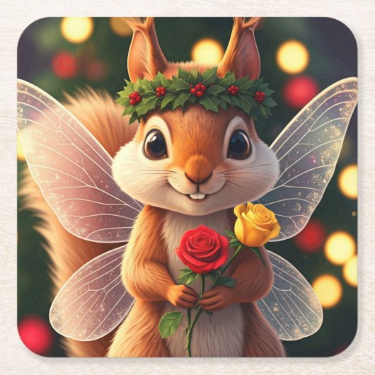 リス妖精クリスマス紙コースター スクエアペーパーコースター (正面)
