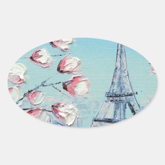 リス春絵画ズ、エッフェルタワーさくらんぼの花 楕円形シール (正面)