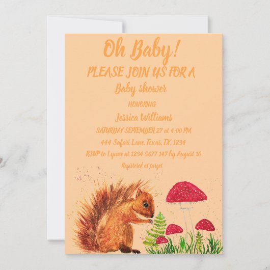 リス水色ベビーガール男の子キノコ赤Inv 招待状 (正面)