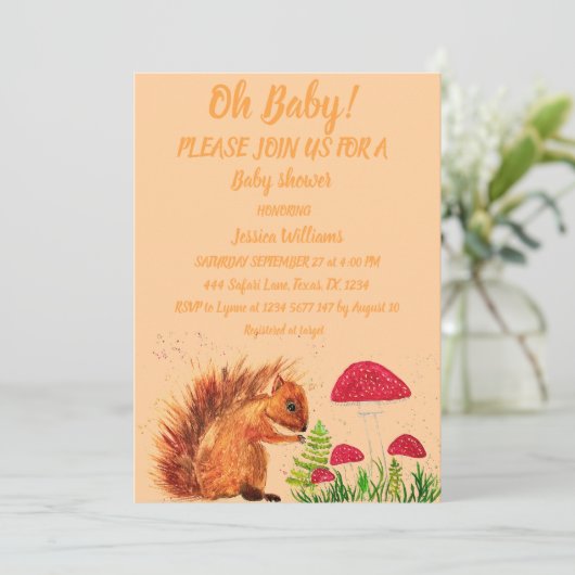 リス水色ベビーガール男の子キノコ赤Inv 招待状 (スタンド正面)