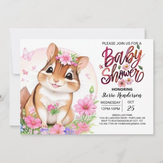 リス甘さピンクフローラガールベビーシャワー 招待状 (正面)