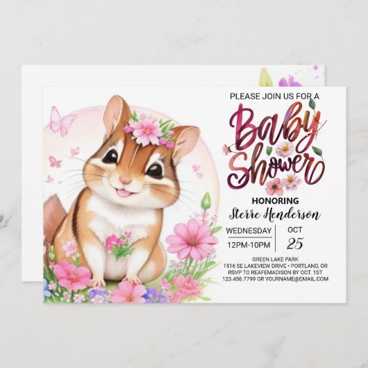 リス甘さピンクフローラガールベビーシャワー 招待状 (正面/裏面)