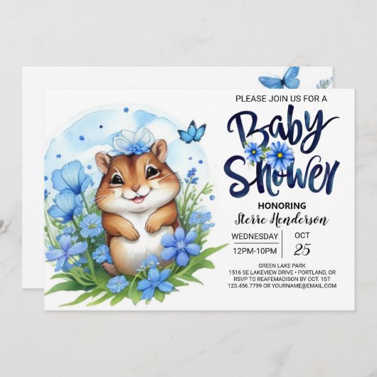 リス甘さフローラブルーボーイベビーシャワー 招待状 (正面/裏面)