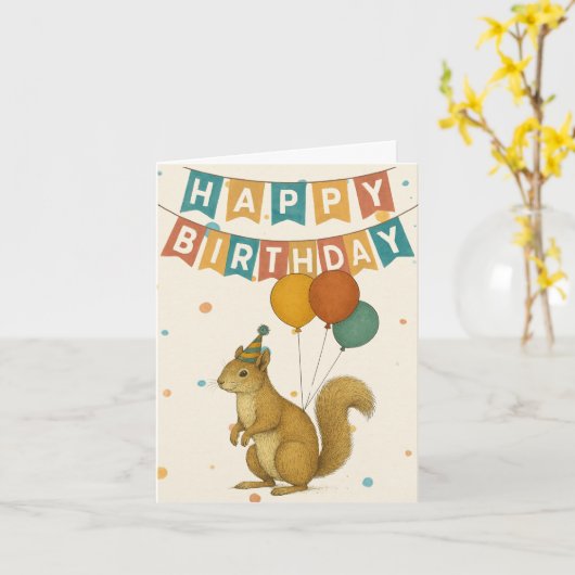 リス誕生日カード – かわいいパーティー動物 カード (黄色い花)