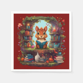 リス読ルがヴィンテージ本棚にいる スタンダードカクテルナプキン