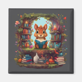 リス読ルがヴィンテージ本棚にいる マグネット