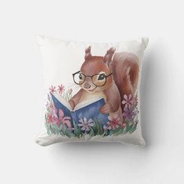 リス読ルの本が花で囲まれている クッション