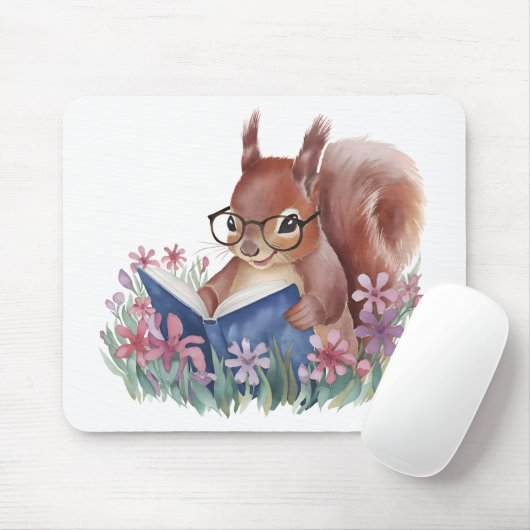 リス読ルの本が花で囲まれている マウスパッド (マウス)