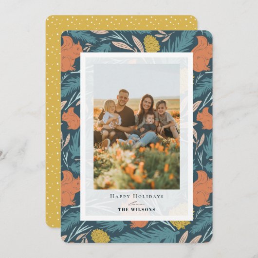 リス&ピネコーンクリスマスホリデーフォトカード 招待状 (正面/裏面)