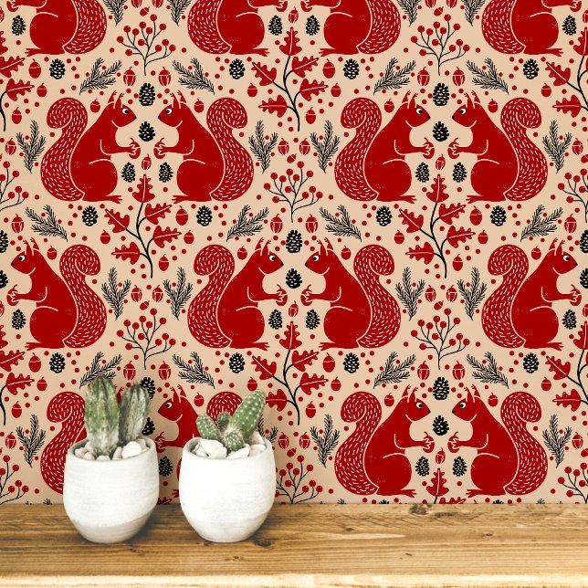リス 森 ウッドランド パターン 壁紙 (Modern squirrel woodland forest pattern peel and stick wallpaper)