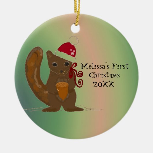 リス 赤ちゃん 初めてのクリスマス セラミックオーナメント (正面)