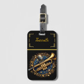 リズはっきりしたミカルな音符に囲まれた金ゴールドトランペット ラゲッジタグ (正面縦)