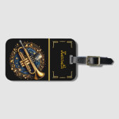 リズはっきりしたミカルな音符に囲まれた金ゴールドトランペット ラゲッジタグ (正面横)