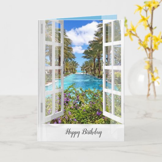 リゾートプールサイドウィンドウ誕生日カード カード (黄色い花)