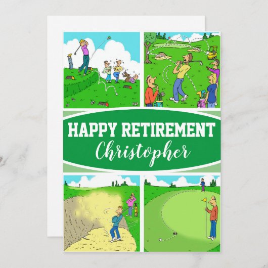 リタイアおもしろいメントカードに描かれた4人のゴルファーの漫画 シーズンカード (正面/裏面)