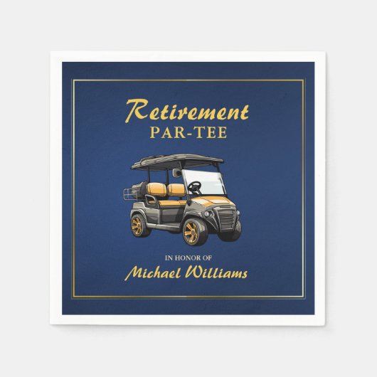 リタイアエレガントルゴルフテーマカートブルー金ゴールド スタンダードカクテルナプキン (正面)