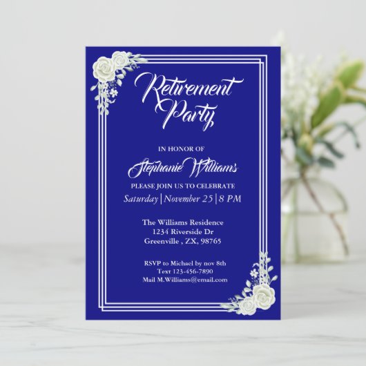 リタイアエレガントルスクリプトブルーホワイトローズパーティー 招待状 (スタンド正面)