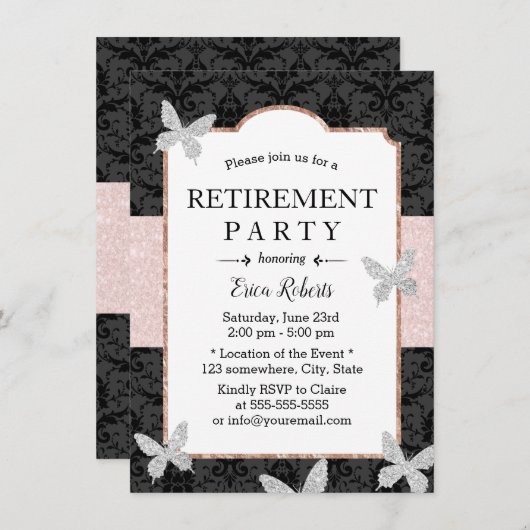 リタイアダマスクピンクグリッターベルトバタフライ 招待状 (正面/裏面)